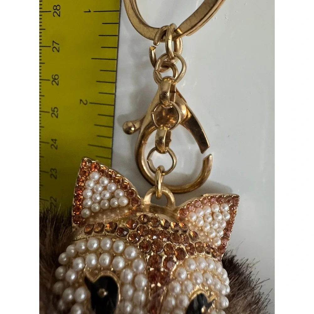 Gold Tone Fox Faux Fur Pom Pom Bag Charm Keychain Rhinestone Pearl Brown Tan